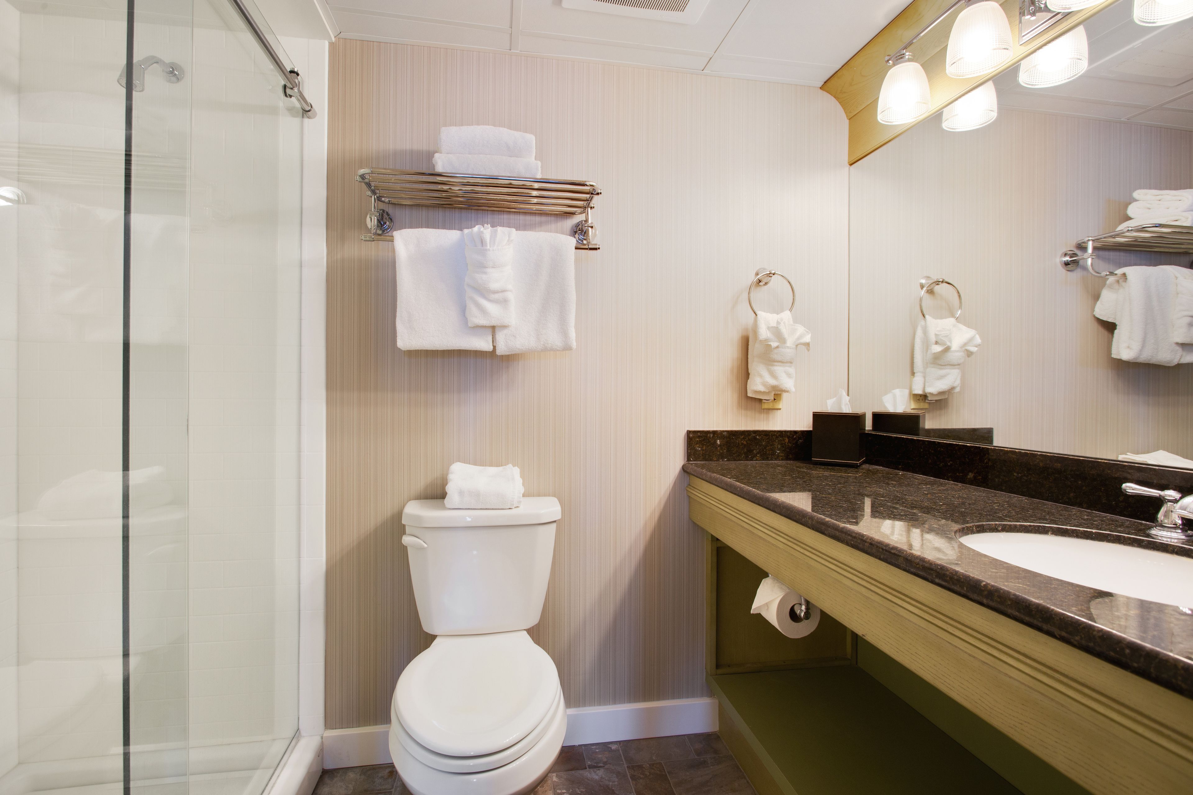 A modern bathroom with a glass shower enclosure, a white toilet, a marble sink, and a large mirror with lights.