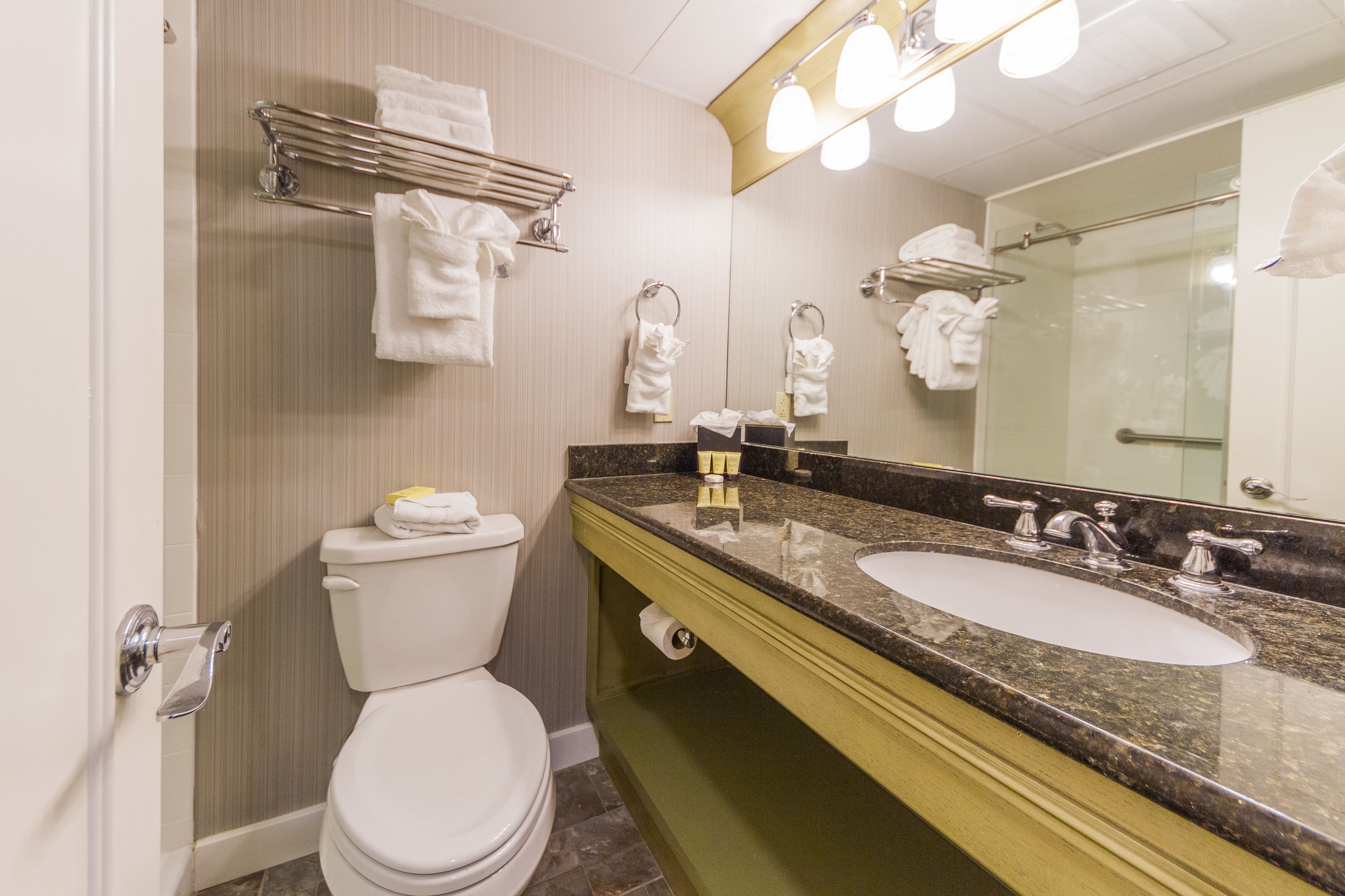 A bathroom with a toilet, two sinks, a mirror, and a towel rack.