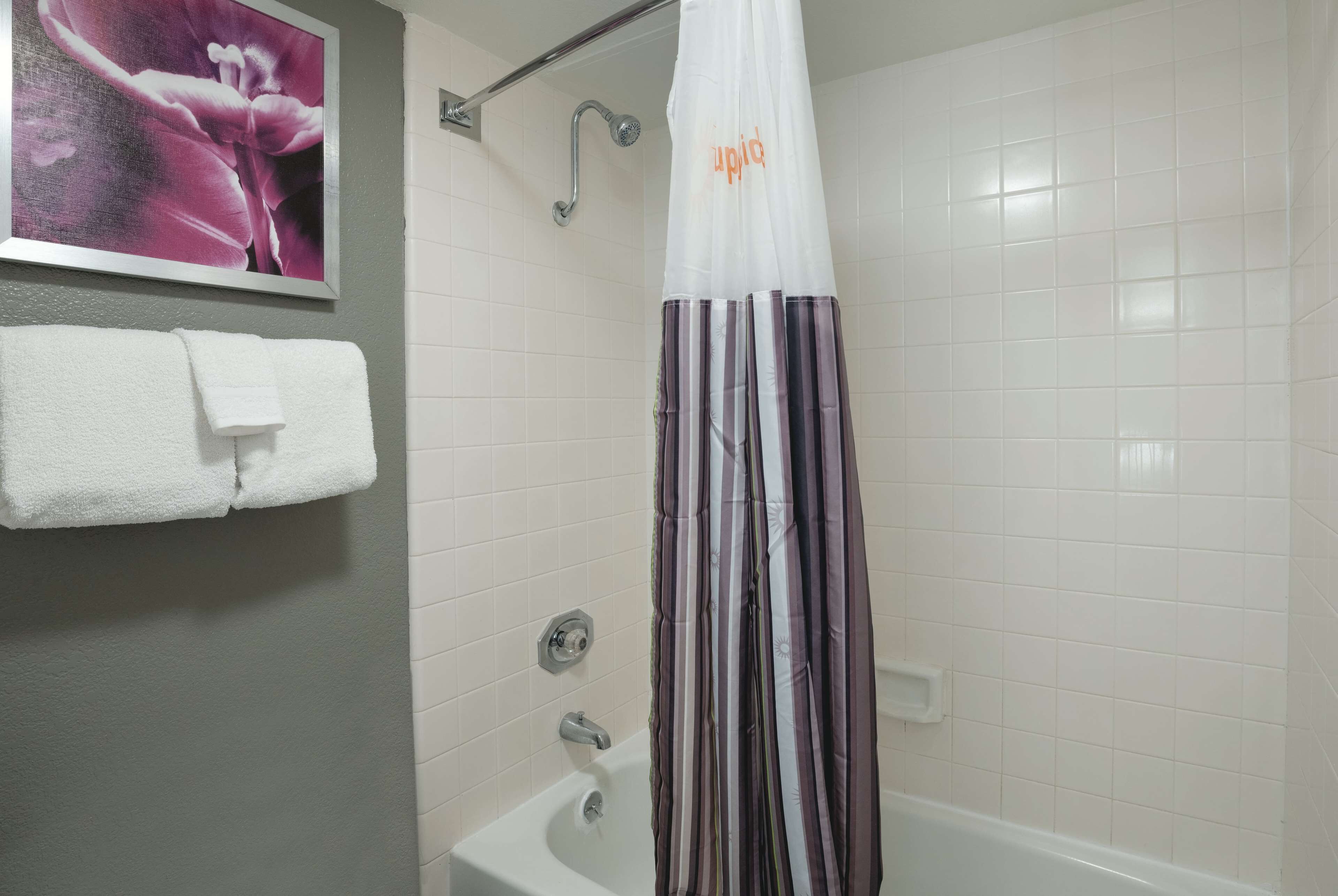 A bathroom with a shower curtain, a white bathtub, and a towel rack with two towels.