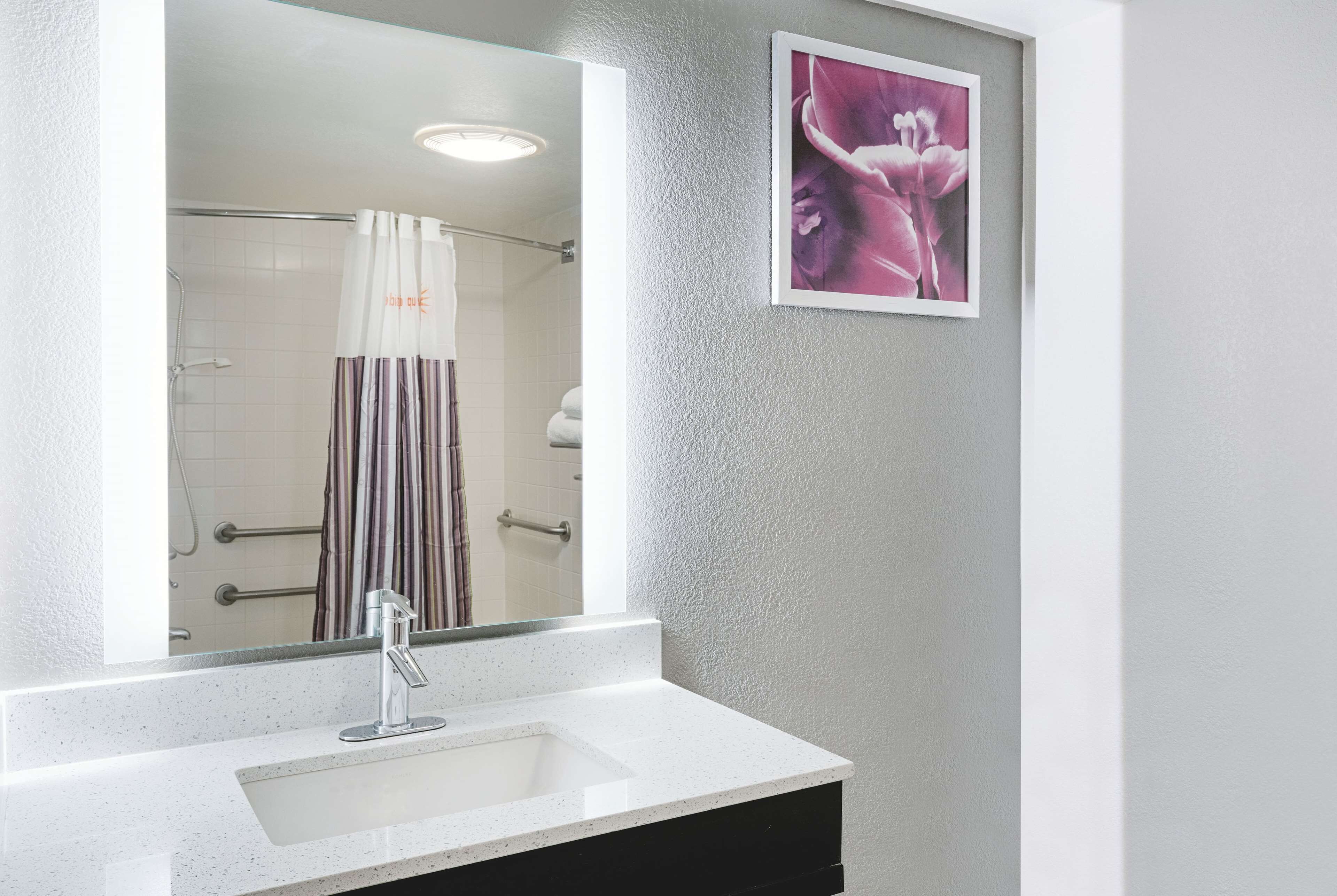 A bathroom with a white sink, a mirror, and a shower.