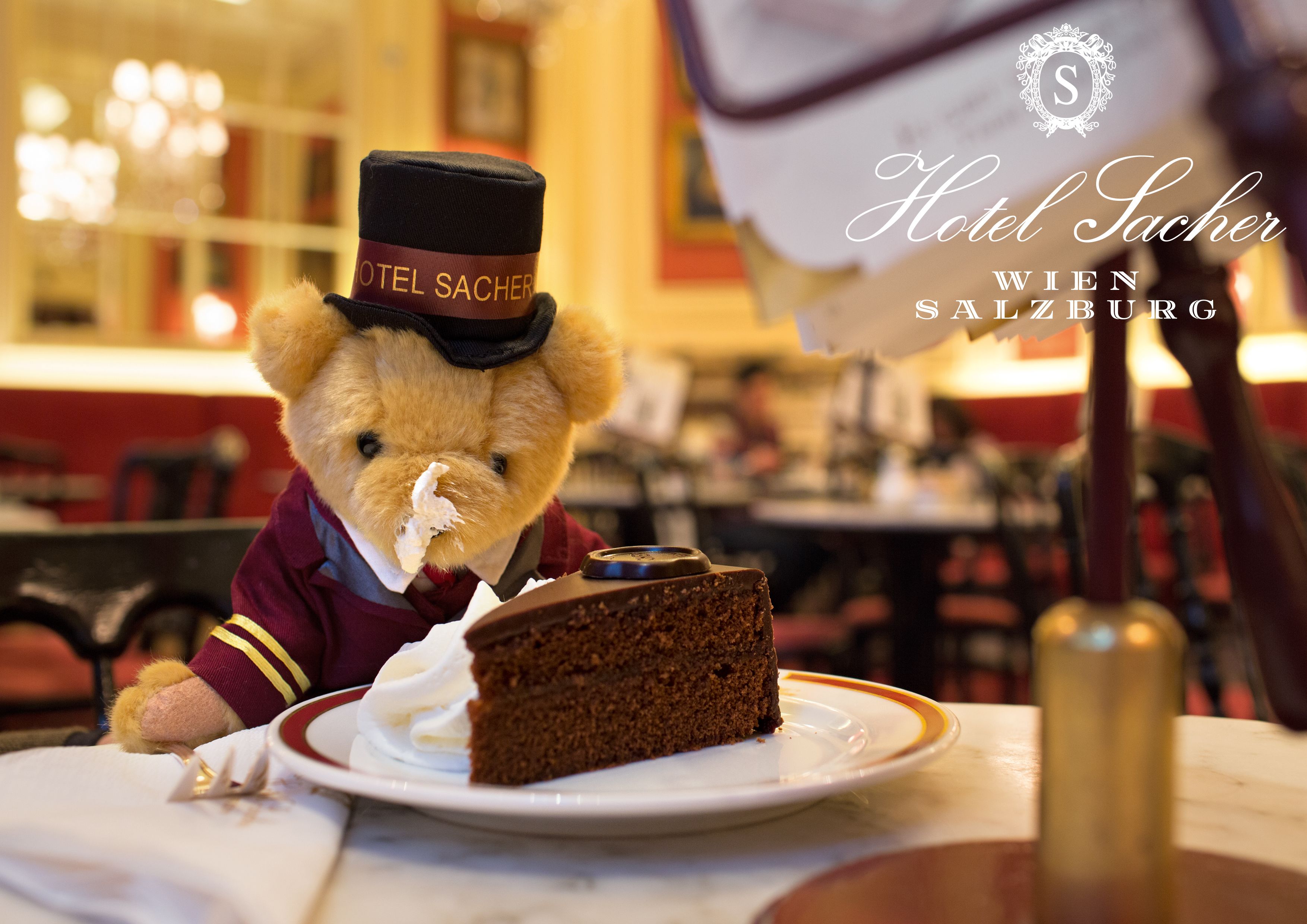 Een teddybeer met een hoge hoed, met de tekst 'HOTEL SACHER WIEN SALZBURG', zittend aan een tafel met een plak cake en slagroom.