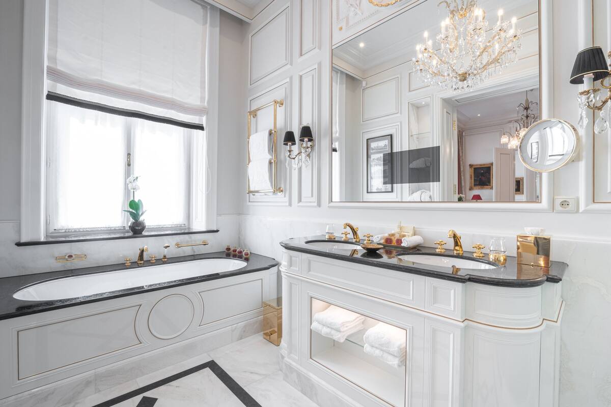 madame butterfly suite | bathroom | separate bathtub and shower, rainfall showerhead, designer toiletries