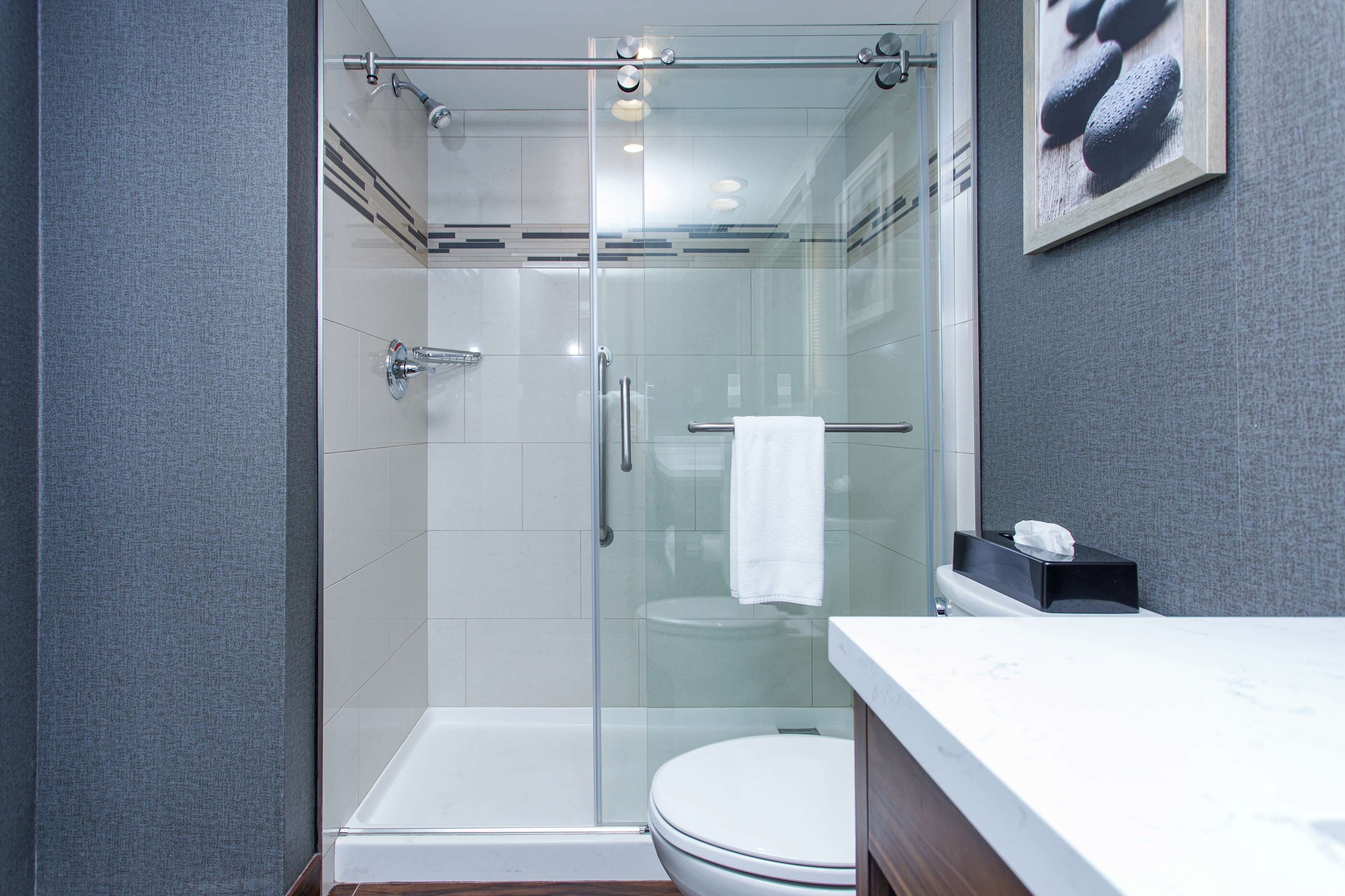 A modern bathroom with a glass-enclosed shower, a white toilet, and a marble countertop.