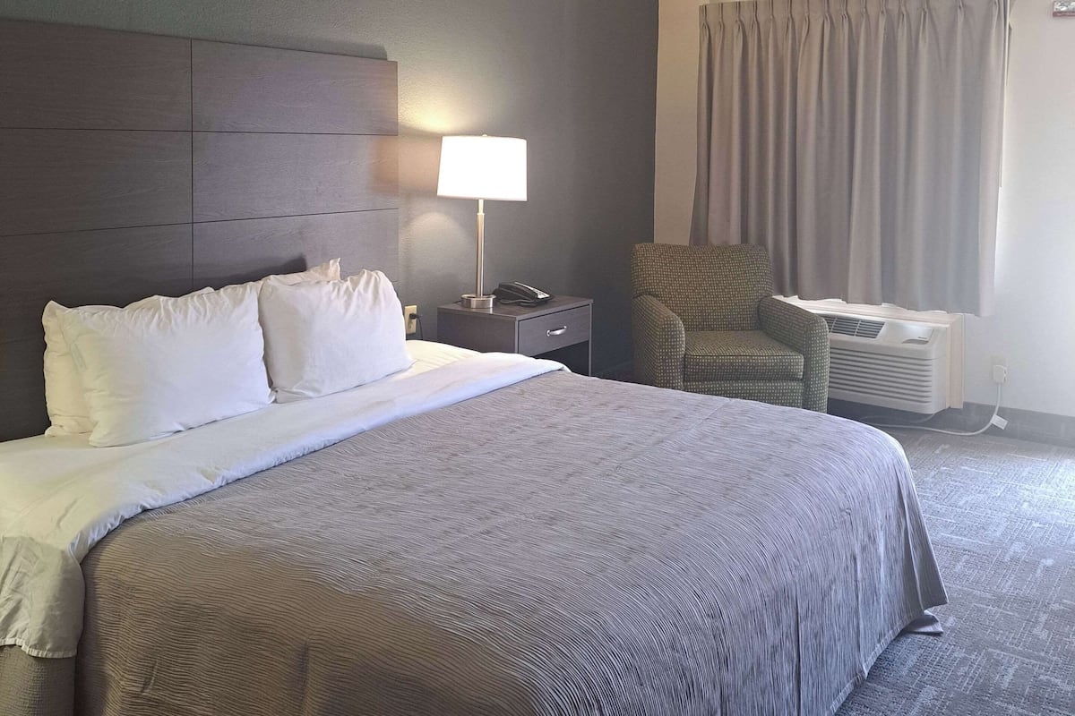 A hotel room with a large bed, a bedside lamp, a chair, and an air conditioning unit.