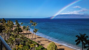 A beach with palm trees and a rainbow over the ocean.