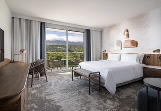A hotel room with a large bed, a desk, a chair, and a view of the outdoors.