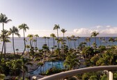 A resort with a pool, palm trees, and a view of the ocean.