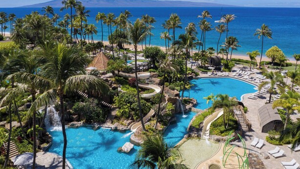 A resort with a large pool, palm trees, and a view of the ocean.
