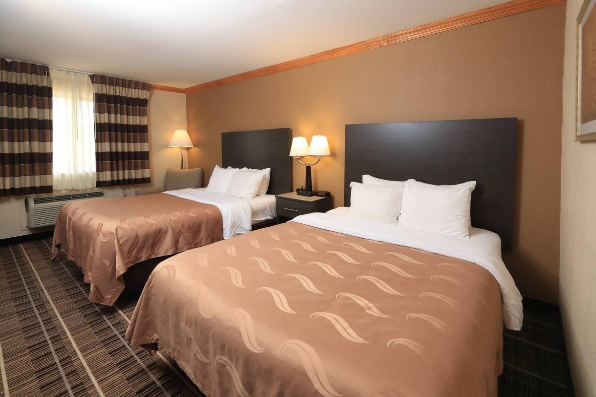 A hotel room with two beds, a window with curtains, a lamp, and a carpeted floor.