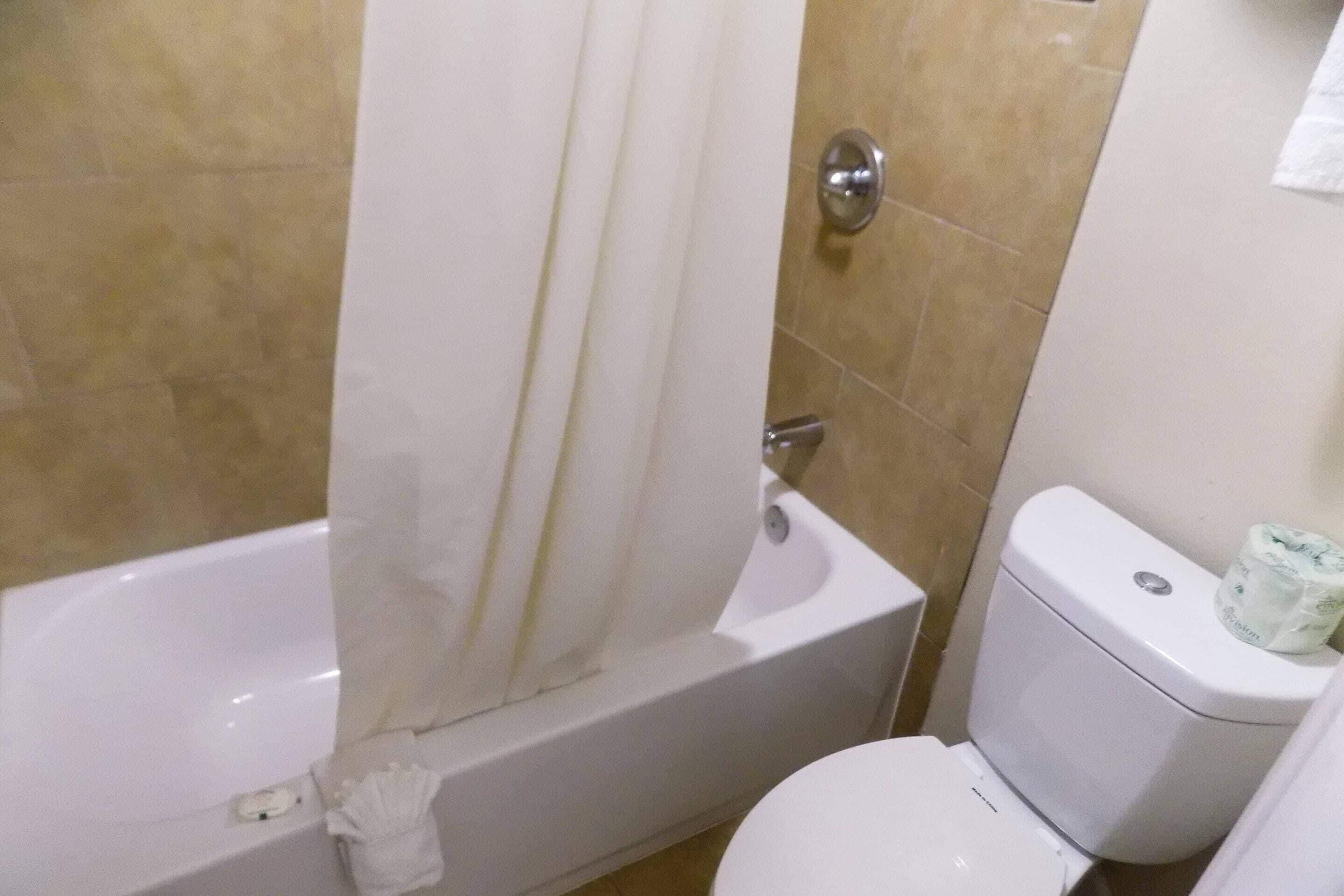 A bathroom with a bathtub, toilet, and a shower curtain.