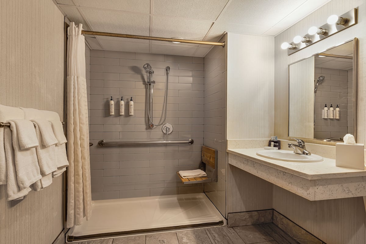 combined shower/bathtub, designer toiletries, hair dryer, towels