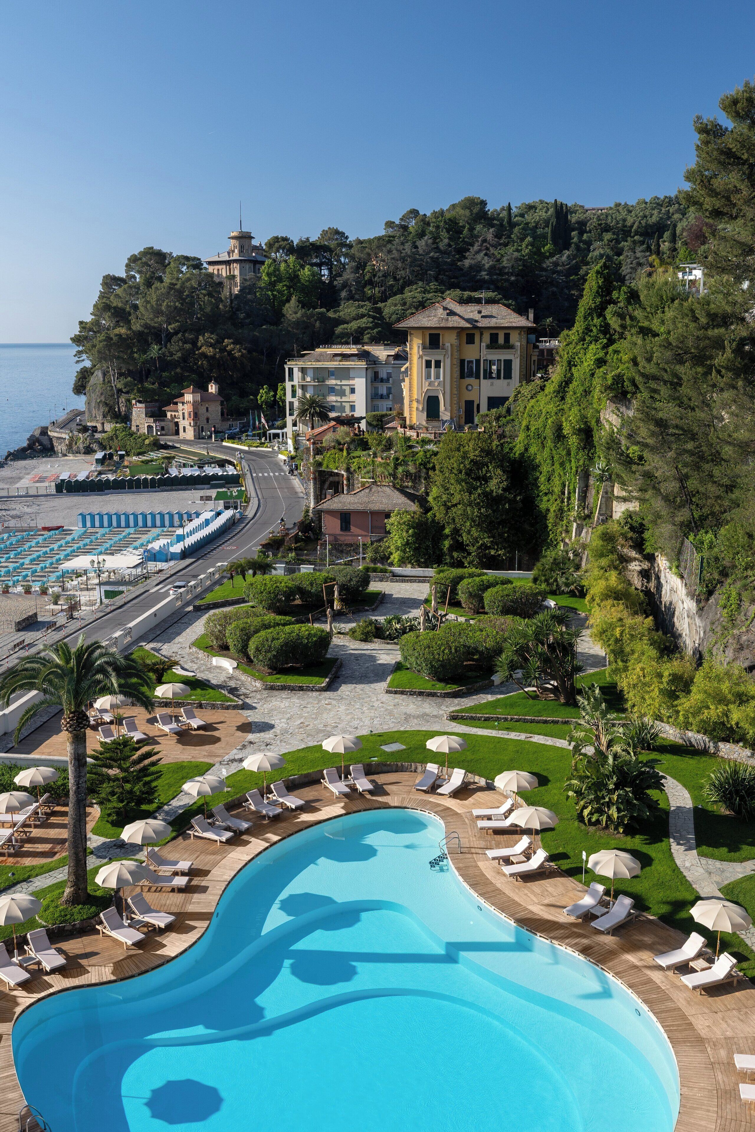 seasonal outdoor pool, pool umbrellas, pool loungers