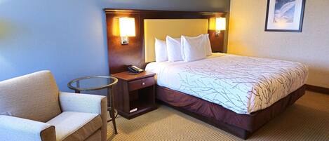 A hotel room with a bed, a chair, a bedside table with a lamp, and a framed picture on the wall.