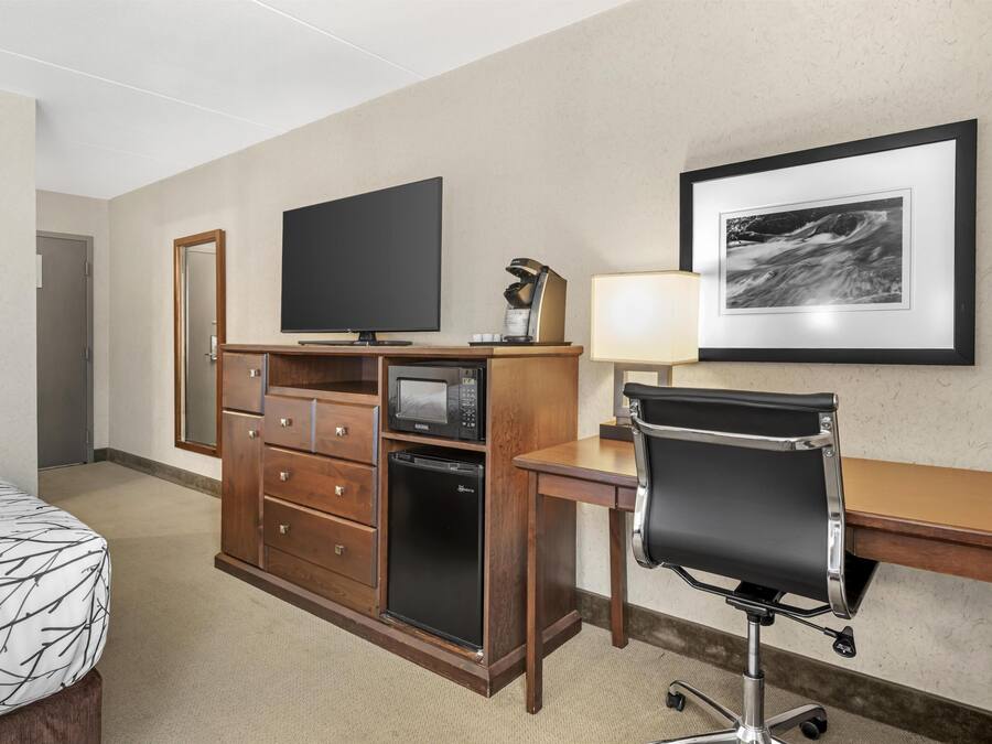 A hotel room with a bed, a desk with a chair, a television, a microwave, a refrigerator, a dresser, a lamp, and a framed picture on the wall.