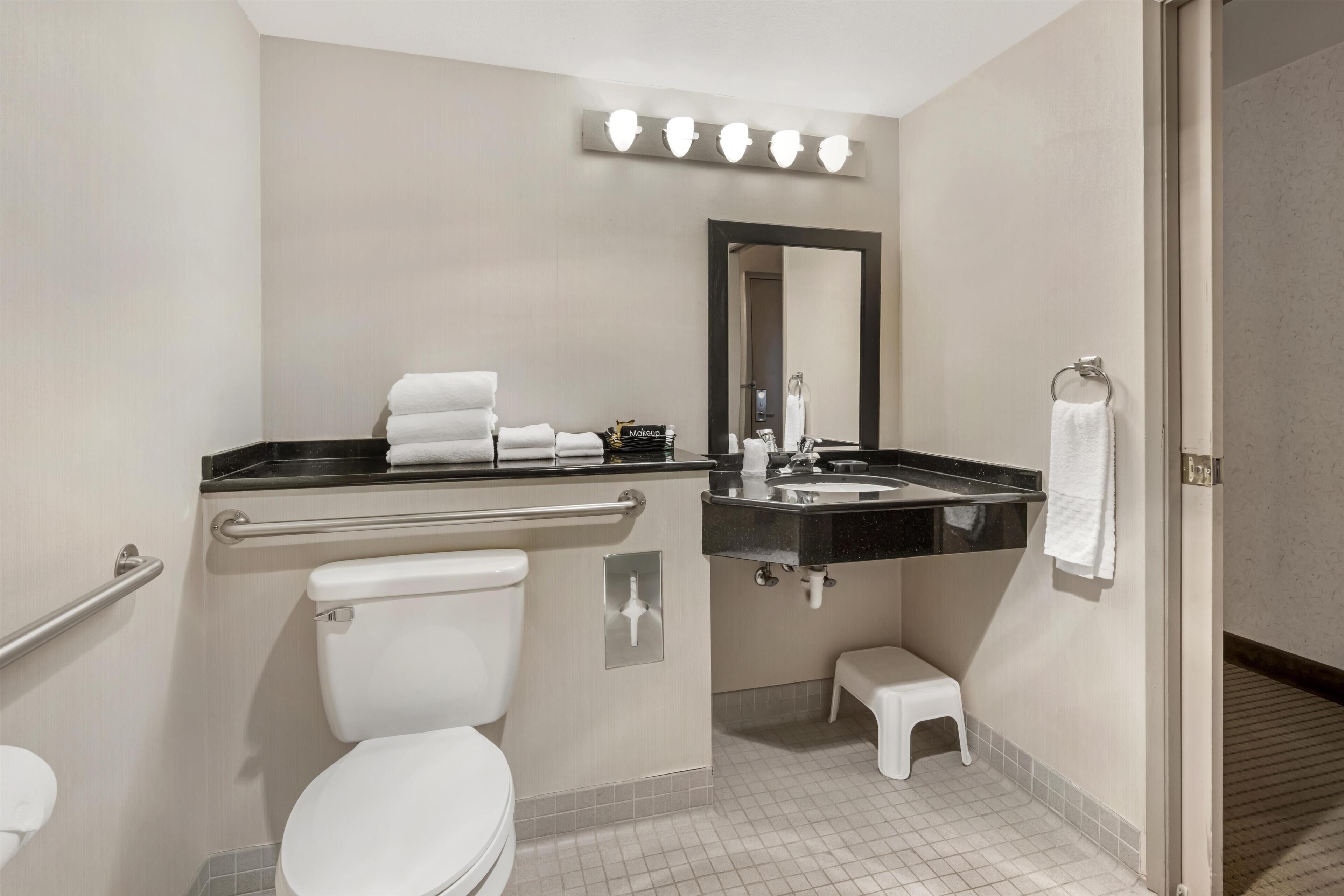 A bathroom with a toilet, sink, mirror, and handrails.