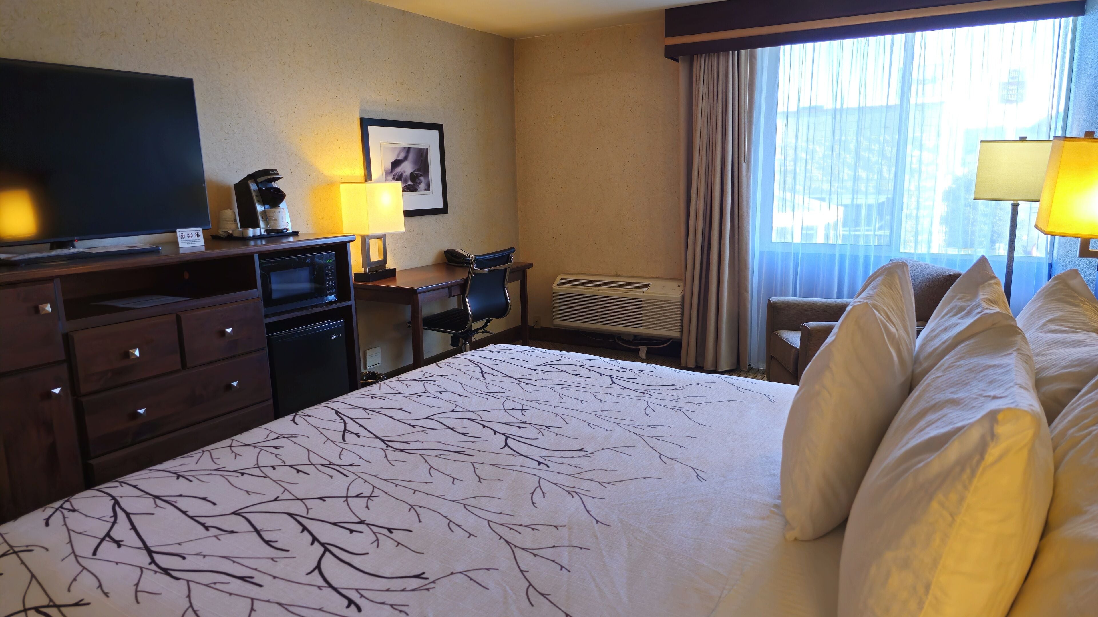 A hotel room with a large bed, a desk with a chair, a television, a microwave, and a window with curtains.