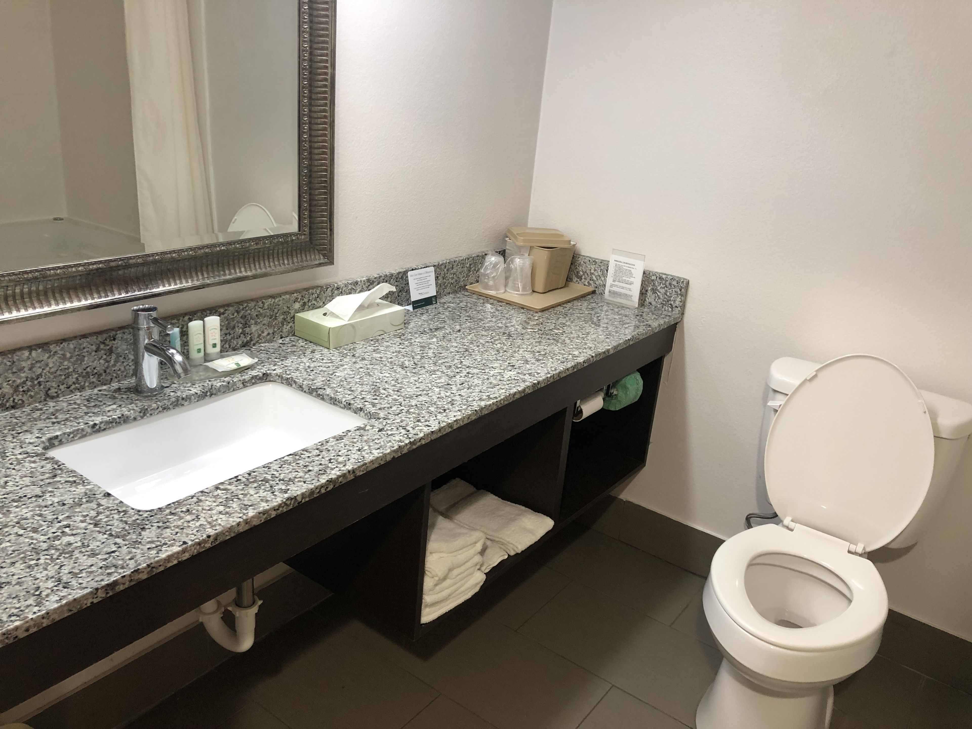 Un baño con lavamanos de encimera de granito, espejo, inodoro y toallero.