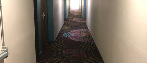Un pasillo con alfombra estampada, paredes blancas y una puerta al final.