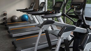 A row of treadmills with digital displays, a blue exercise ball, and a wall-mounted rack with sports balls.
