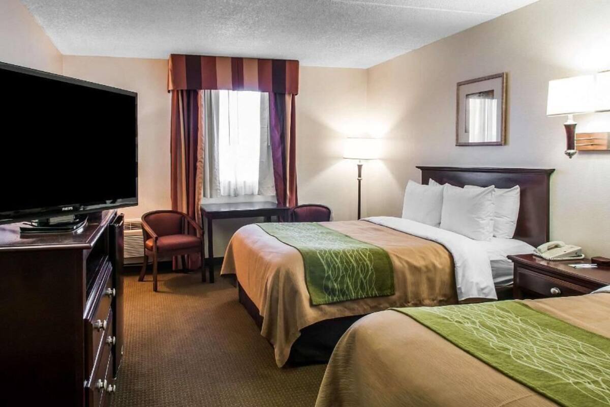 Una habitación de hotel con cama, escritorio, televisor, silla y lámpara.