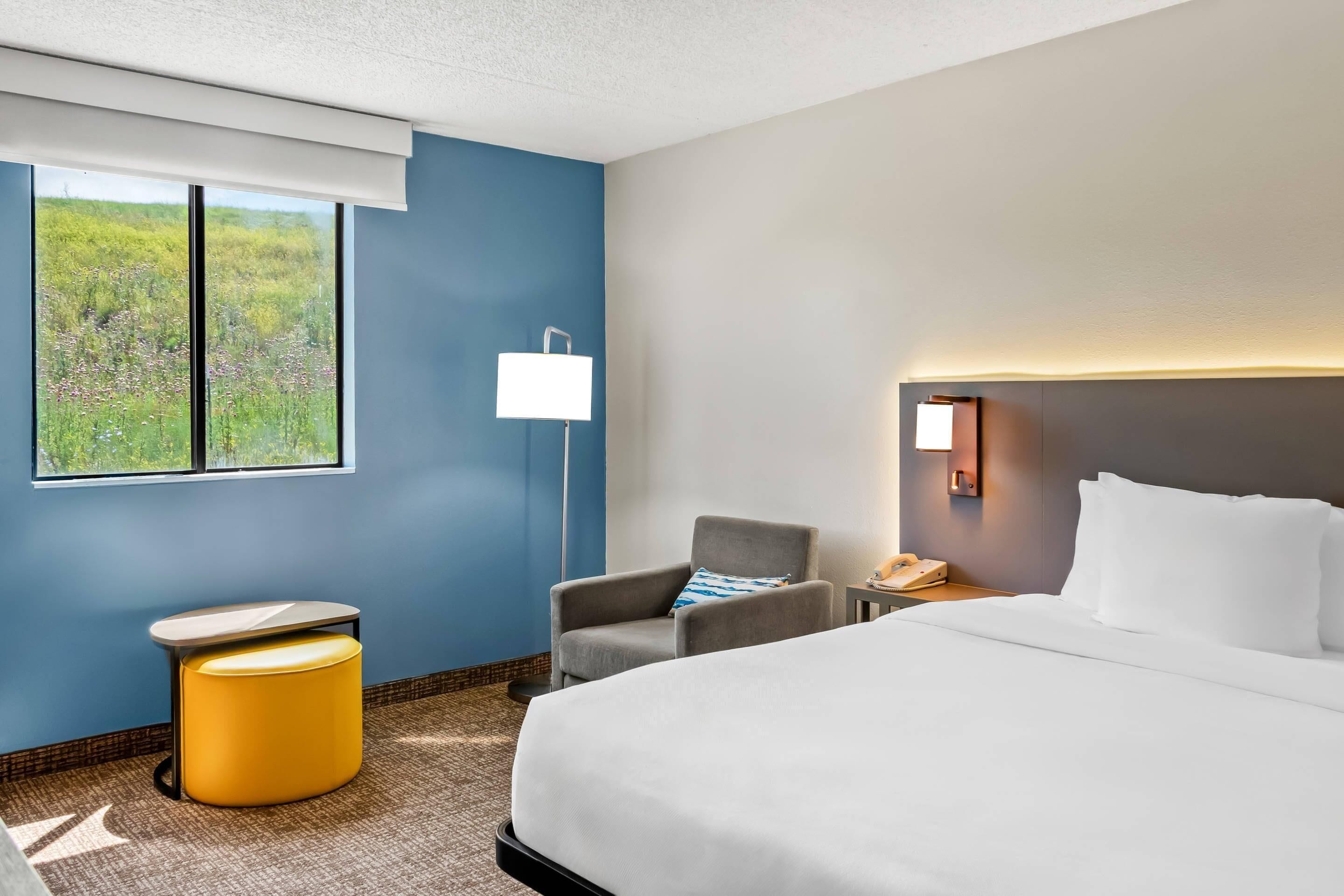Habitación de hotel con una cama grande, una silla, una mesita, una lámpara y una ventana con vistas a zonas verdes.