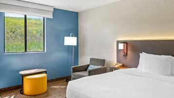 Habitación de hotel con una cama grande, una silla, una mesita, una lámpara y una ventana con vistas a zonas verdes.