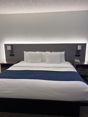 Premium bedding, pillowtop beds, desk, laptop workspace
