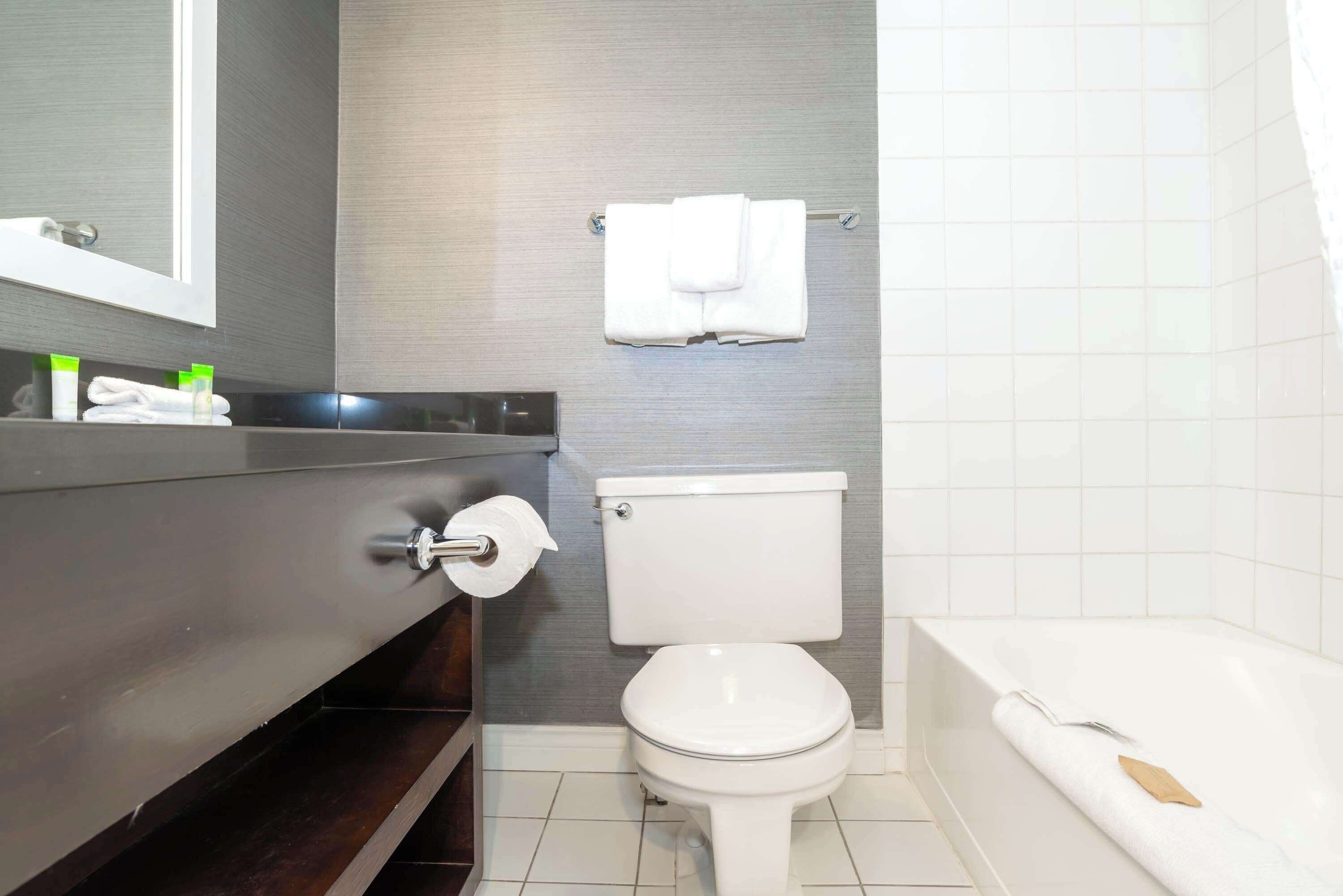 combined shower/bathtub, free toiletries, hair dryer, towels