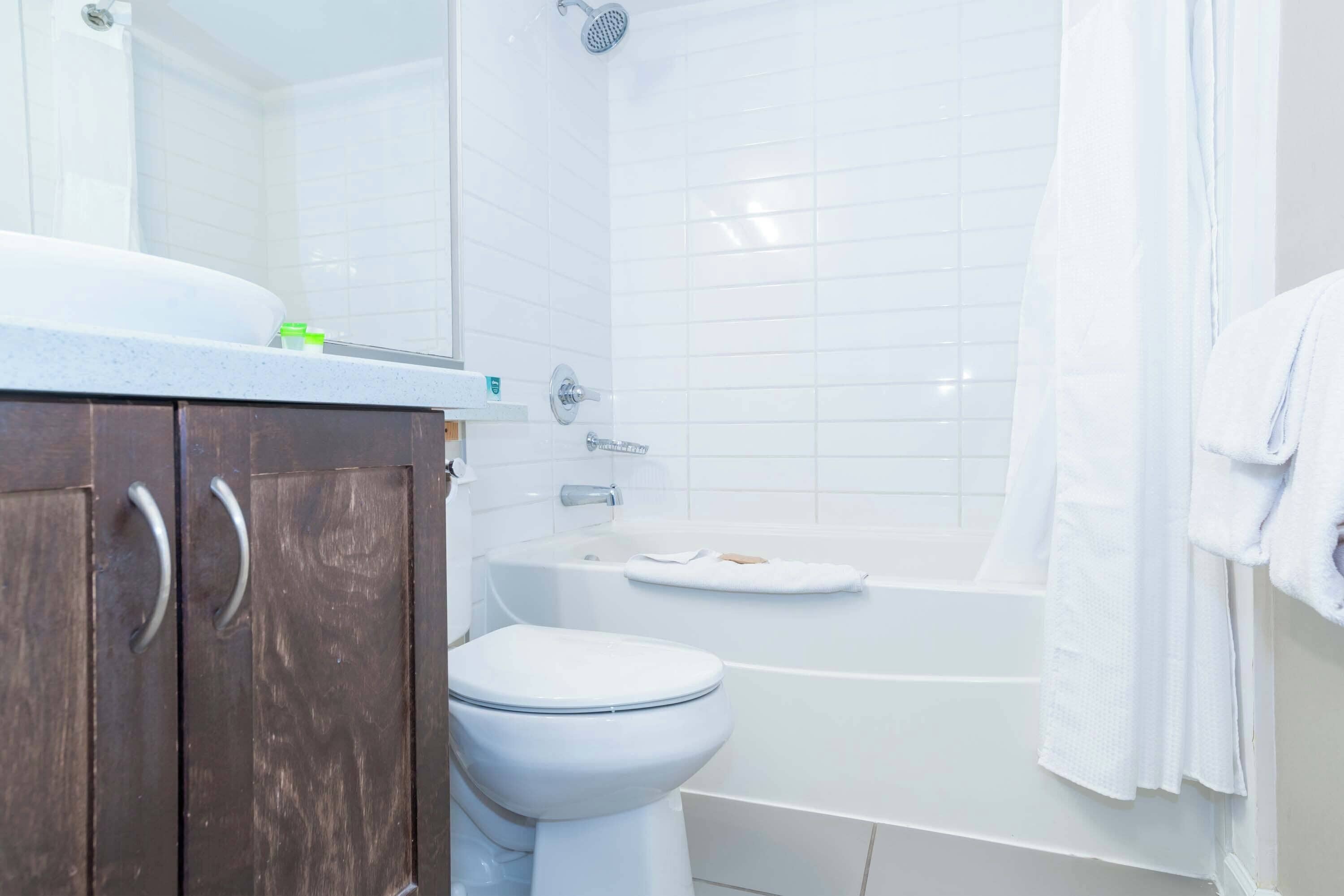 combined shower/bathtub, free toiletries, hair dryer, towels