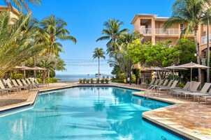 Outdoor pool, pool umbrellas, sun loungers