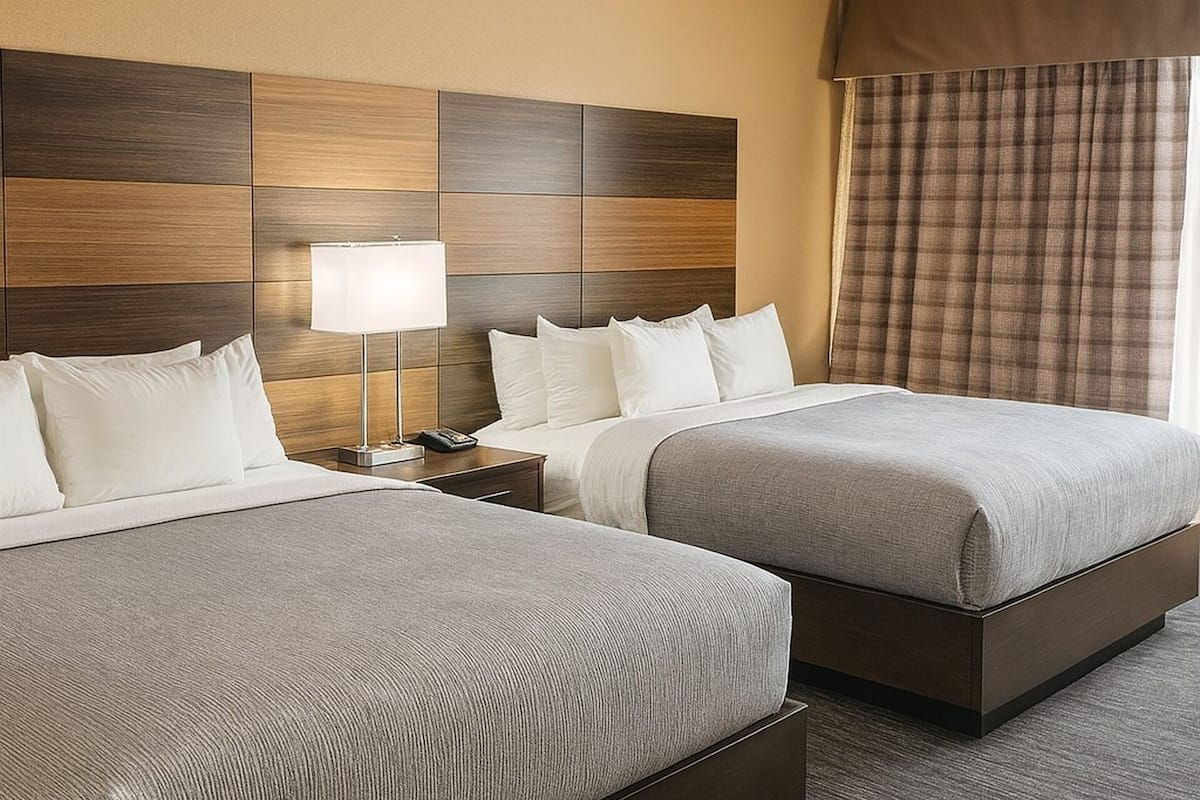 Una habitación de hotel con dos camas, una mesita de noche, una lámpara y un ventanal con cortinas.