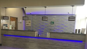 Ein Empfangsschalter mit modernem Design, mit einer wellenförmigen Wandstruktur im Hintergrund und einer blauen LED-Leiste an der Basis.