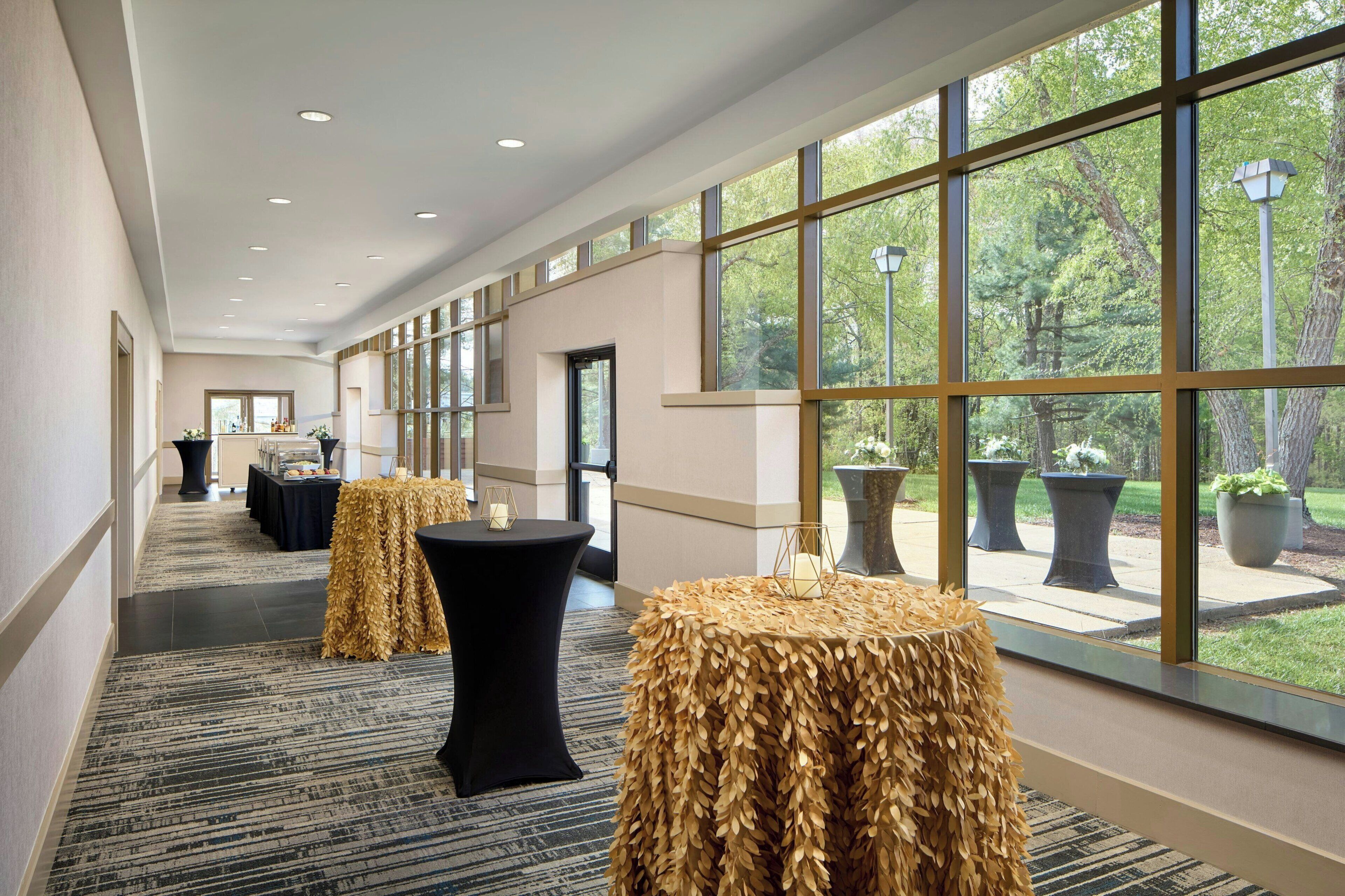 A hotel corridor with a long view of the outdoors, featuring large windows and a carpeted floor.
