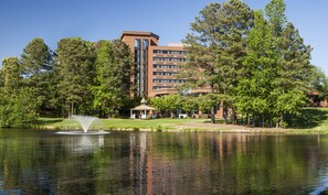 Enjoy a serene lakeside retreat with a tranquil pond, fountain, and lush greenery.