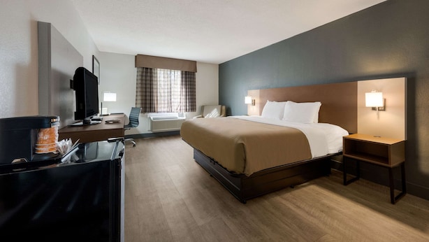 A hotel room with a bed, bedside tables, a desk with a computer, a television, and a window with curtains. - Quality Inn University Area (Farmville)