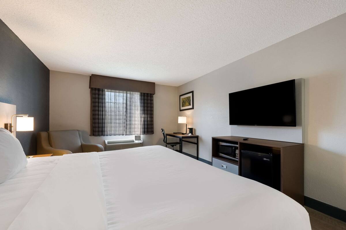 A hotel room with a large bed, a desk with a chair, a television, and a window with curtains.