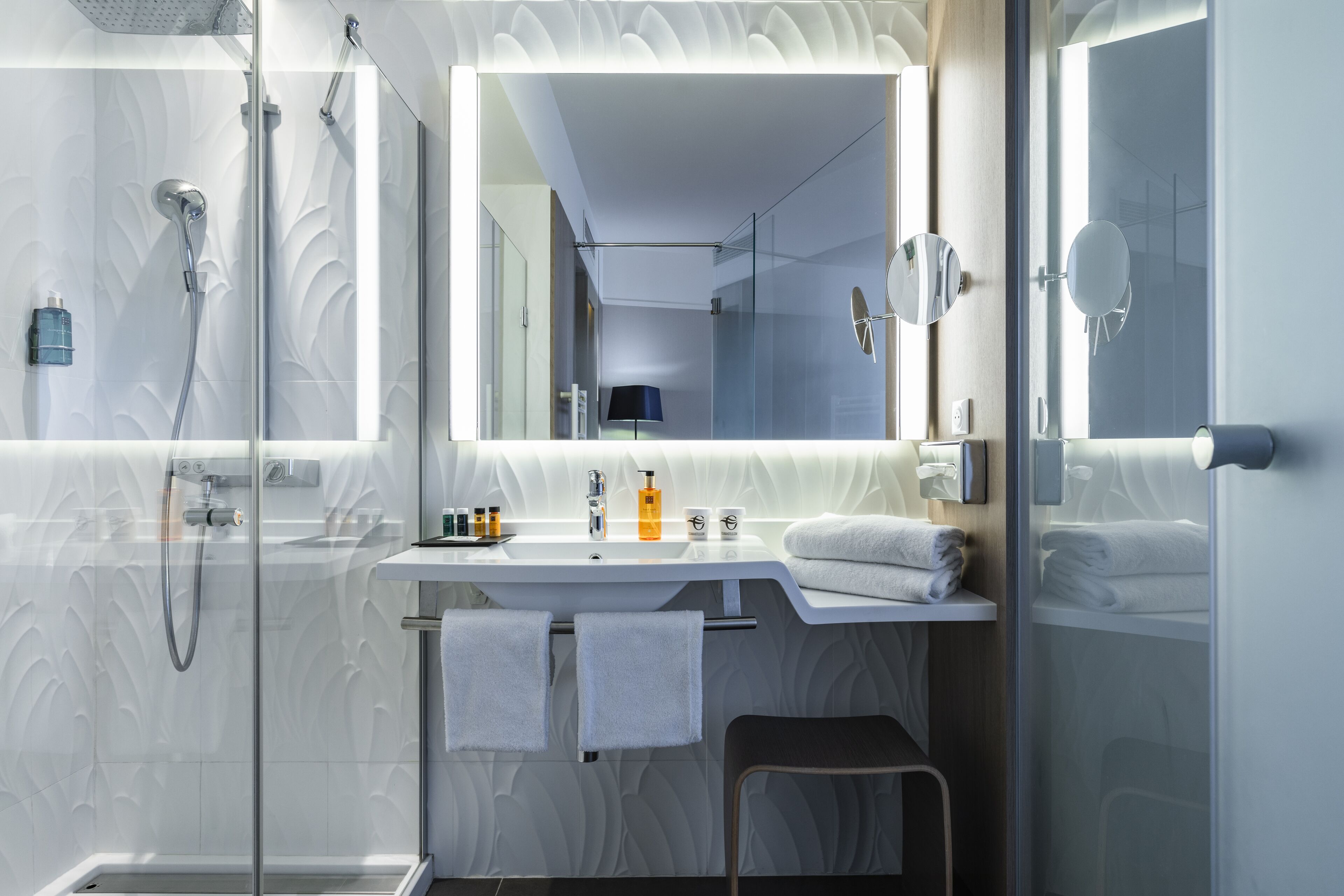 free toiletries, hair dryer, slippers, towels