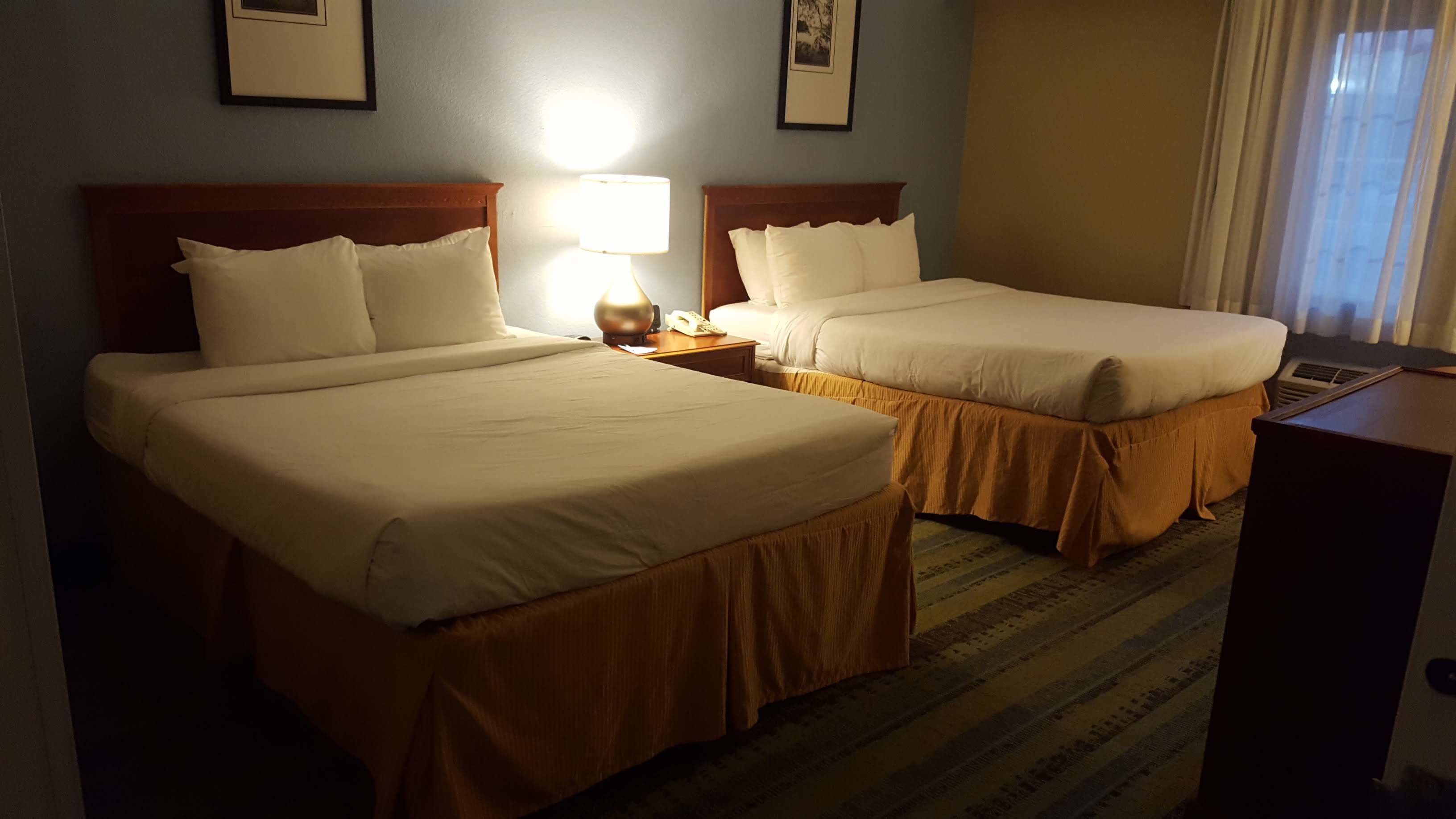 A hotel room with two beds, a nightstand with a lamp, and a desk with a telephone.