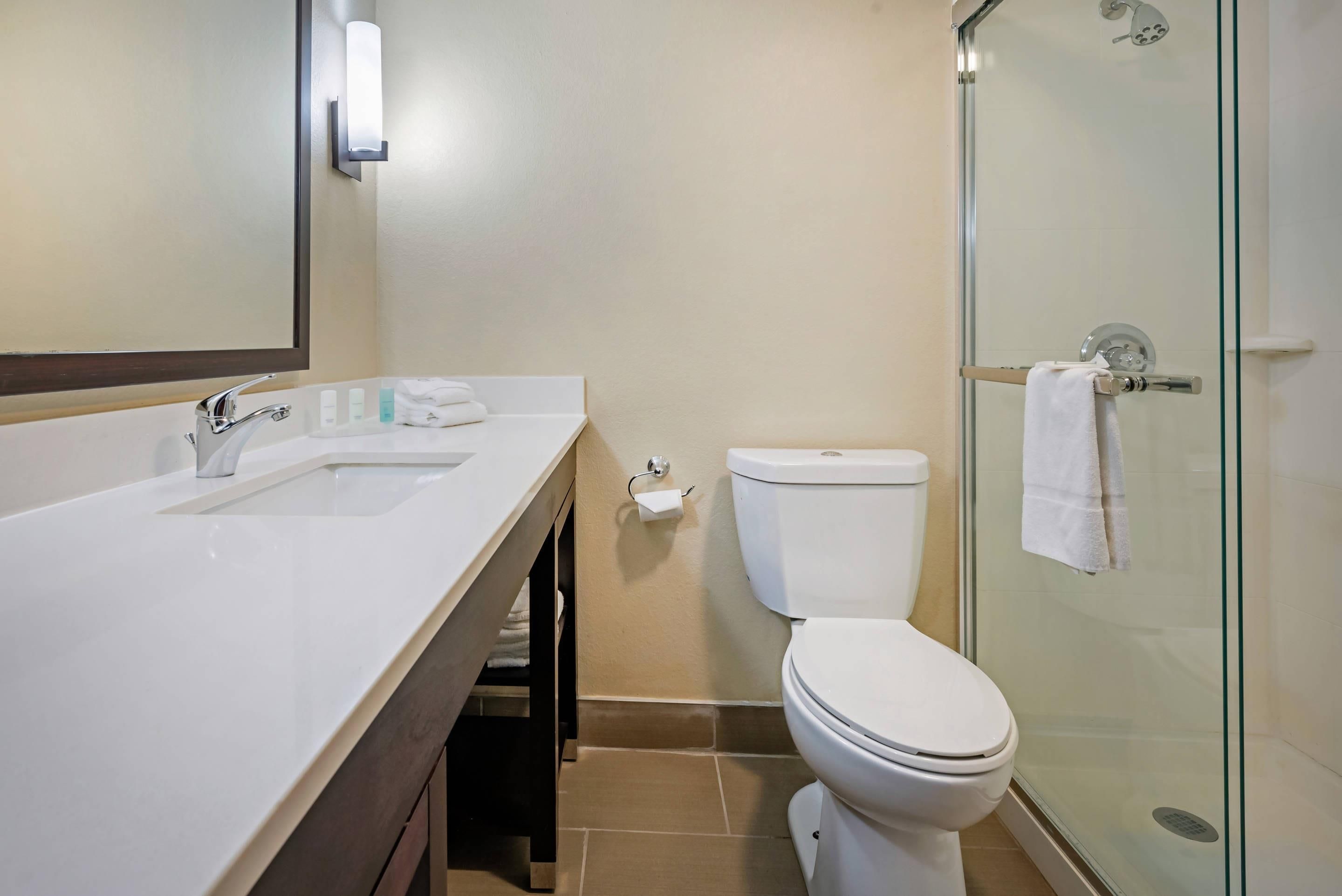 A bathroom with a white sink, toilet, and glass shower enclosure.