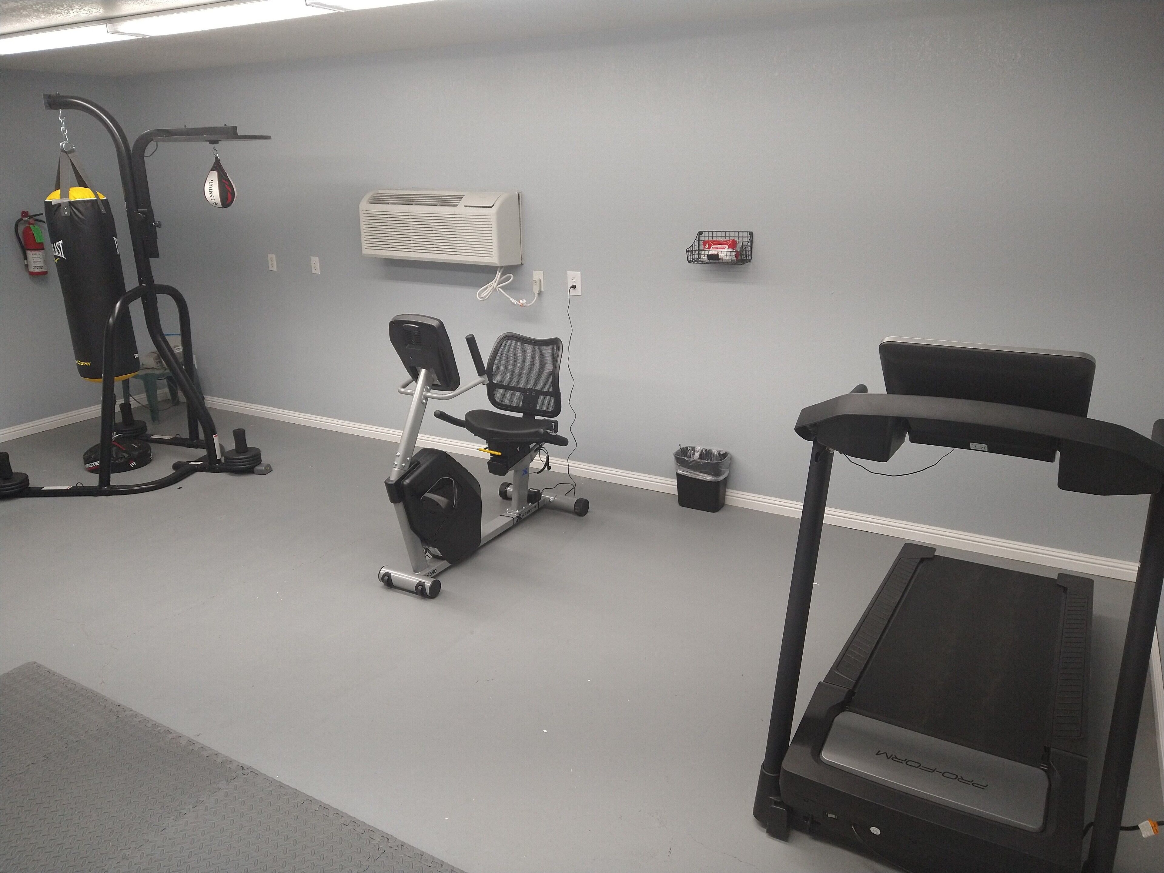 Un gimnasio en casa con cinta de correr, bicicleta estática y saco de boxeo.