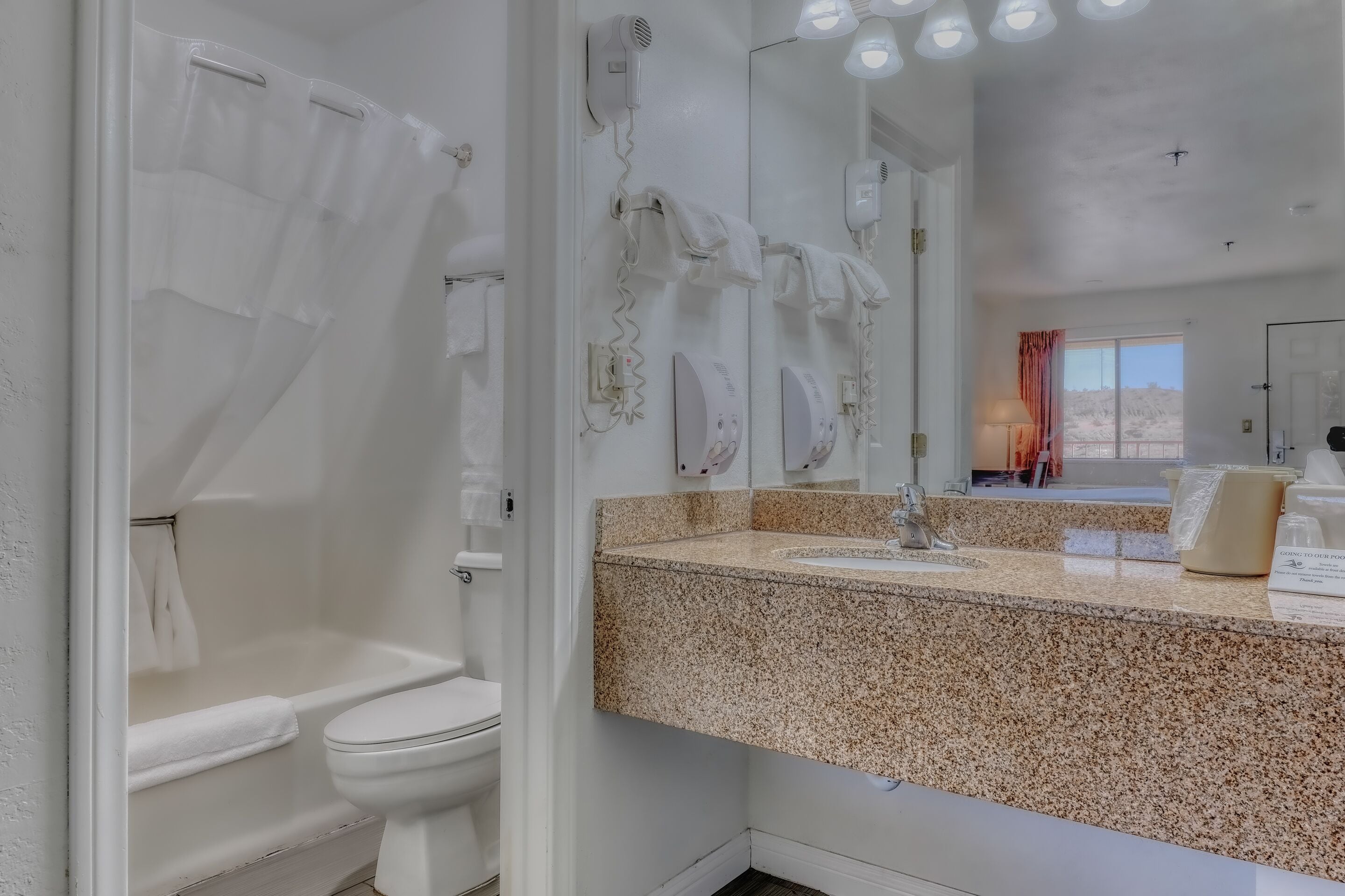 room, 2 queen beds, non smoking, refrigerator & microwave | bathroom | shower, hair dryer, towels