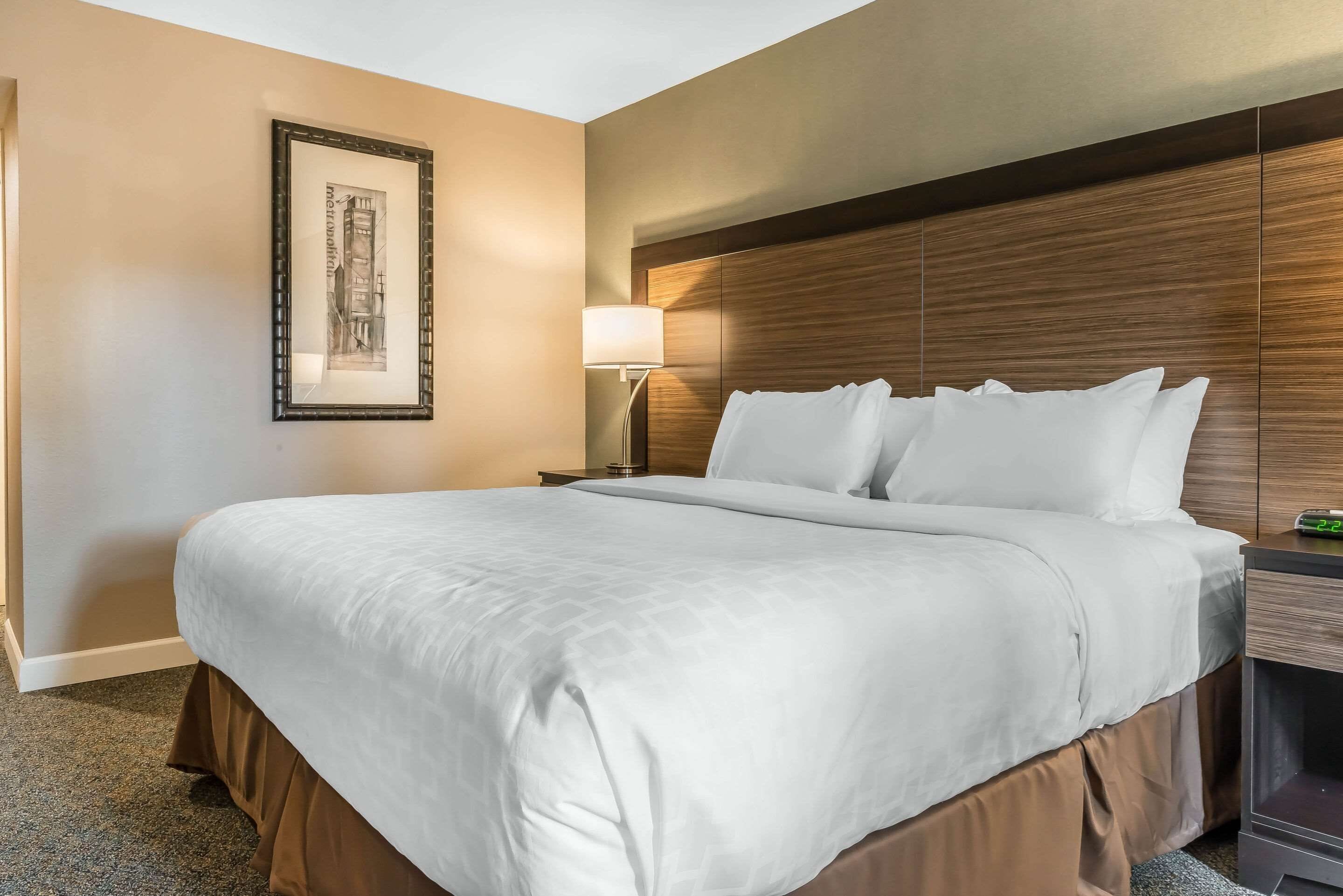 A hotel room with a large bed, a nightstand with a lamp, a framed picture on the wall, and a wooden headboard.