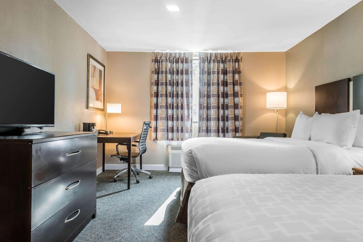 Quarto de hotel com duas camas, uma escrivaninha, uma cadeira, uma televisão e uma luminária.