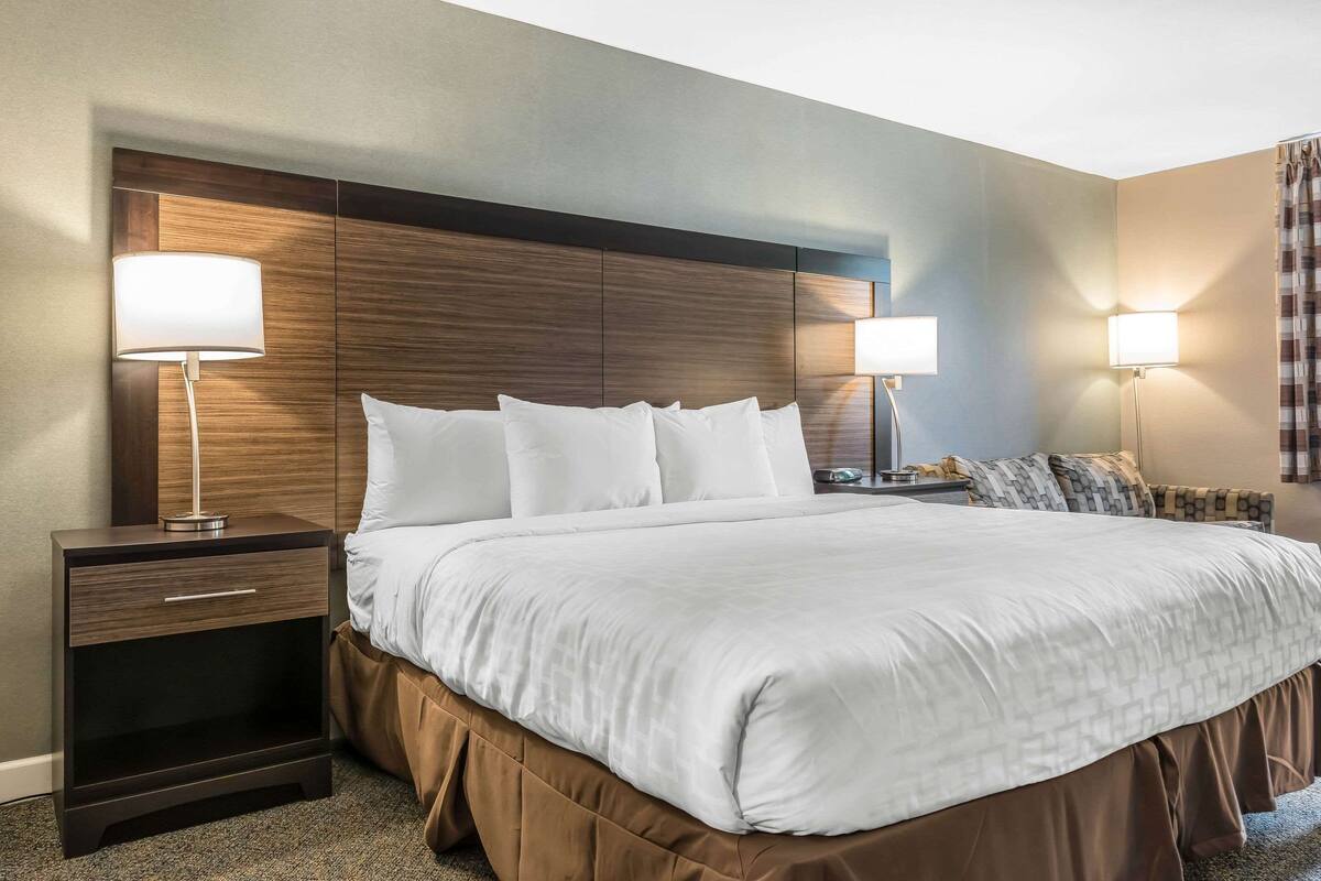Quarto de hotel com uma cama grande, duas mesas de cabeceira com luminárias, cabeceira de madeira e estrutura de cama marrom com saia.