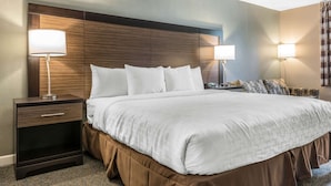 Une chambre d’hôtel avec un grand lit, deux tables de chevet avec des lampes, une tête de lit en bois et une base de lit marron avec une jupe.