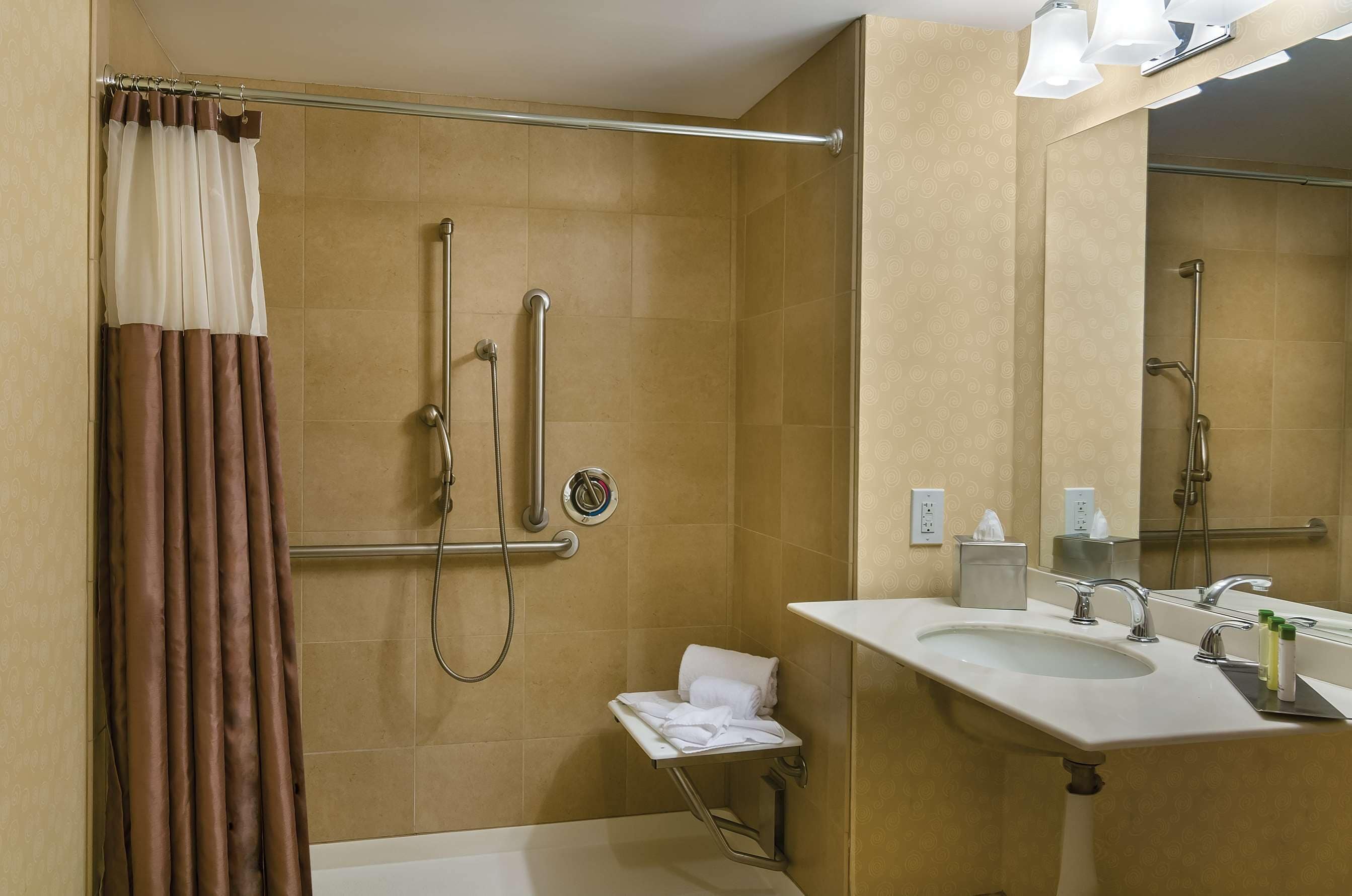 Une salle de bain équipée d’une douche, de barres d’appui, d’un lavabo et d’un miroir.