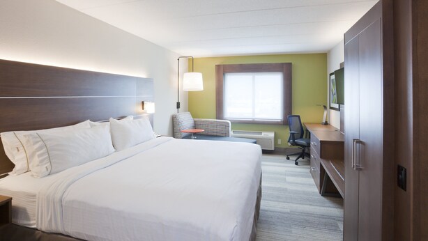 A hotel room with a large bed, a desk, a chair, and a television. - Holiday Inn Express Roseville-St. Paul by IHG (Roseville)