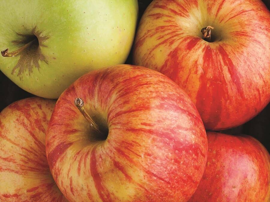 A close-up of several apples with varying colors and patterns.