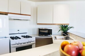 Full-size fridge, microwave, oven, stovetop