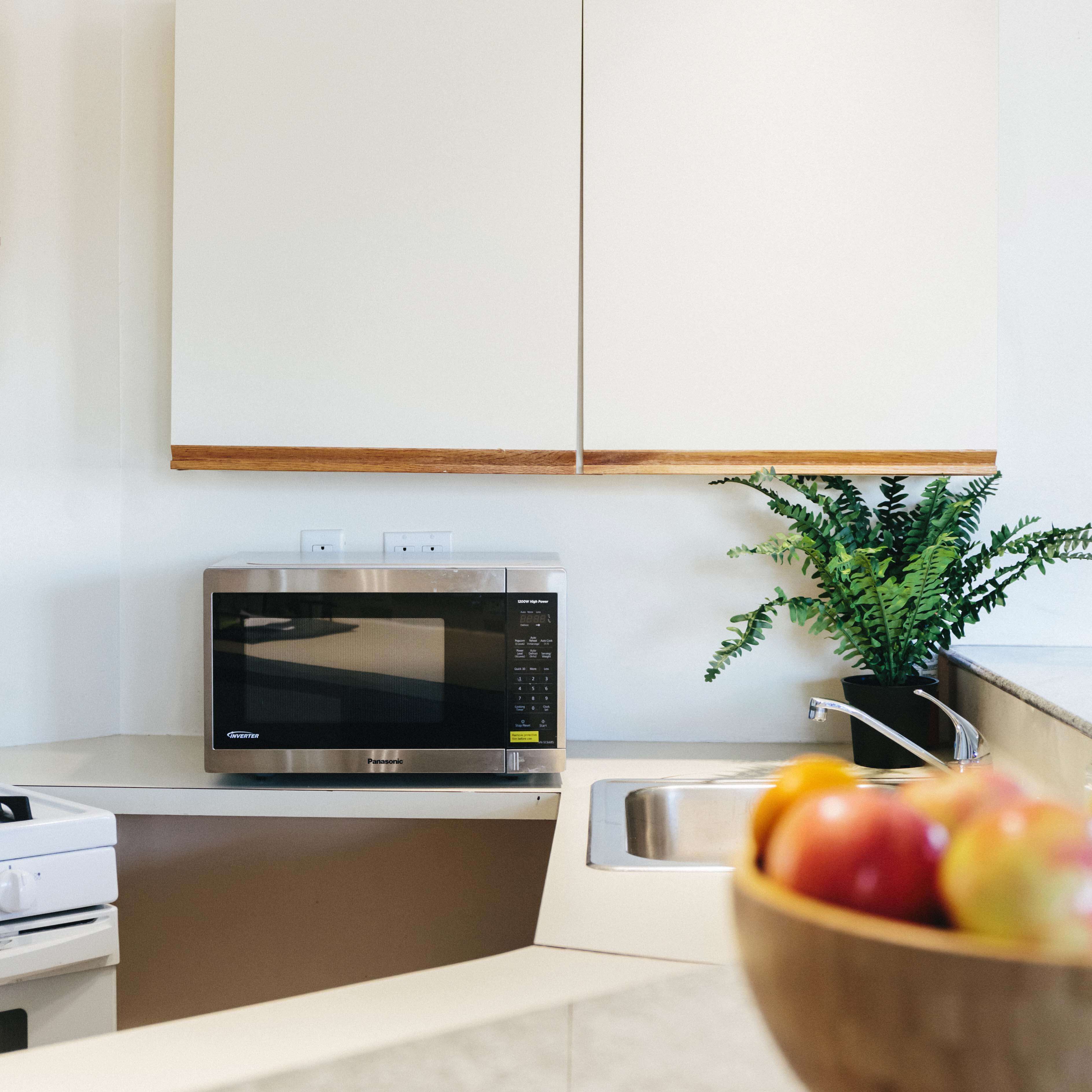 Uma cozinha moderna com micro-ondas embutido, pia e um vaso de planta.
